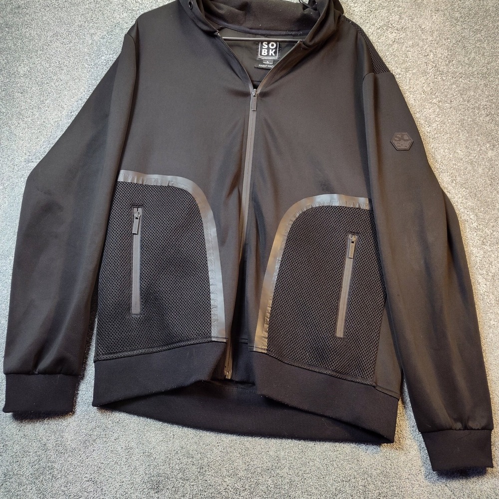 SOBK Jacket Black L Mens Solid Full Zip Pockets Hooded Long Sleeve